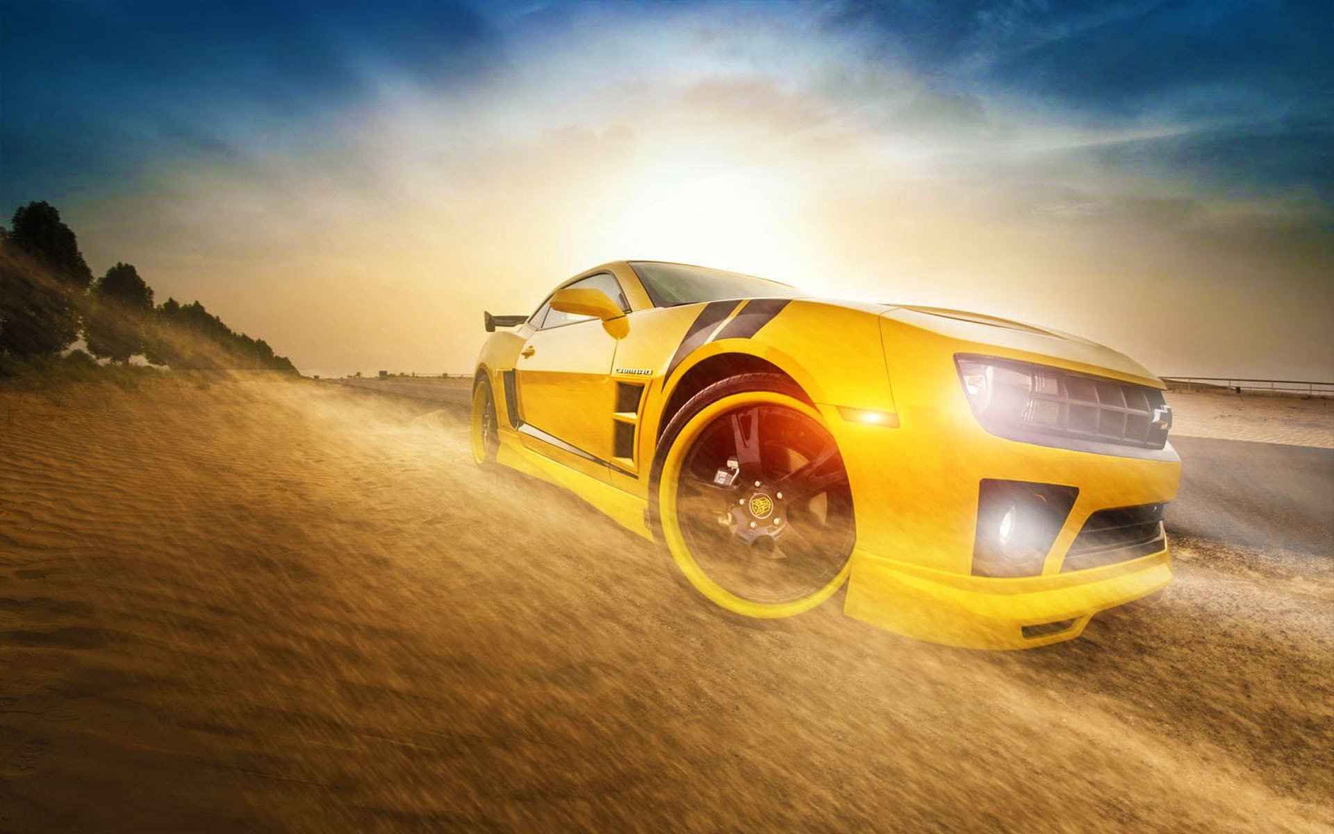 chevrolet camaro ss yellow bumblebee transformers sun car front