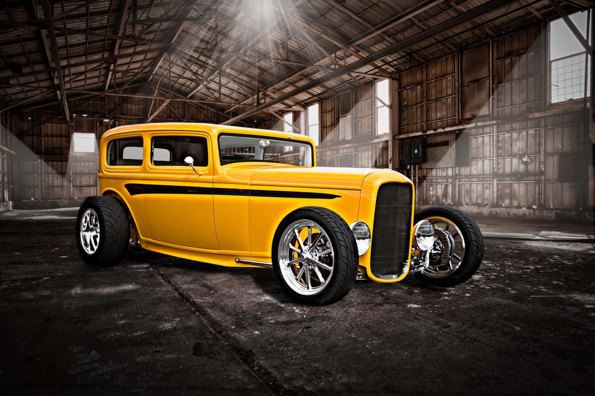 hot-rod classic car yellow classic retro hangar