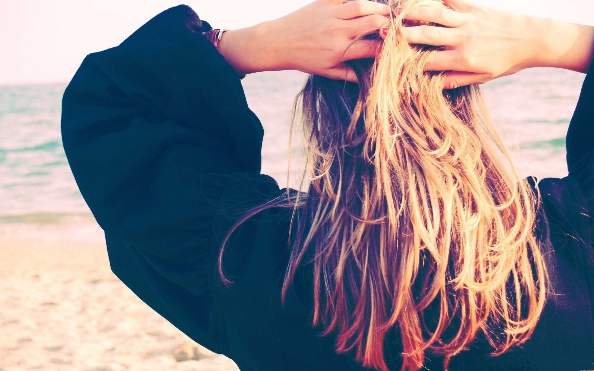 cook kate girl blonde hair hands rear view beach nature shore mood women