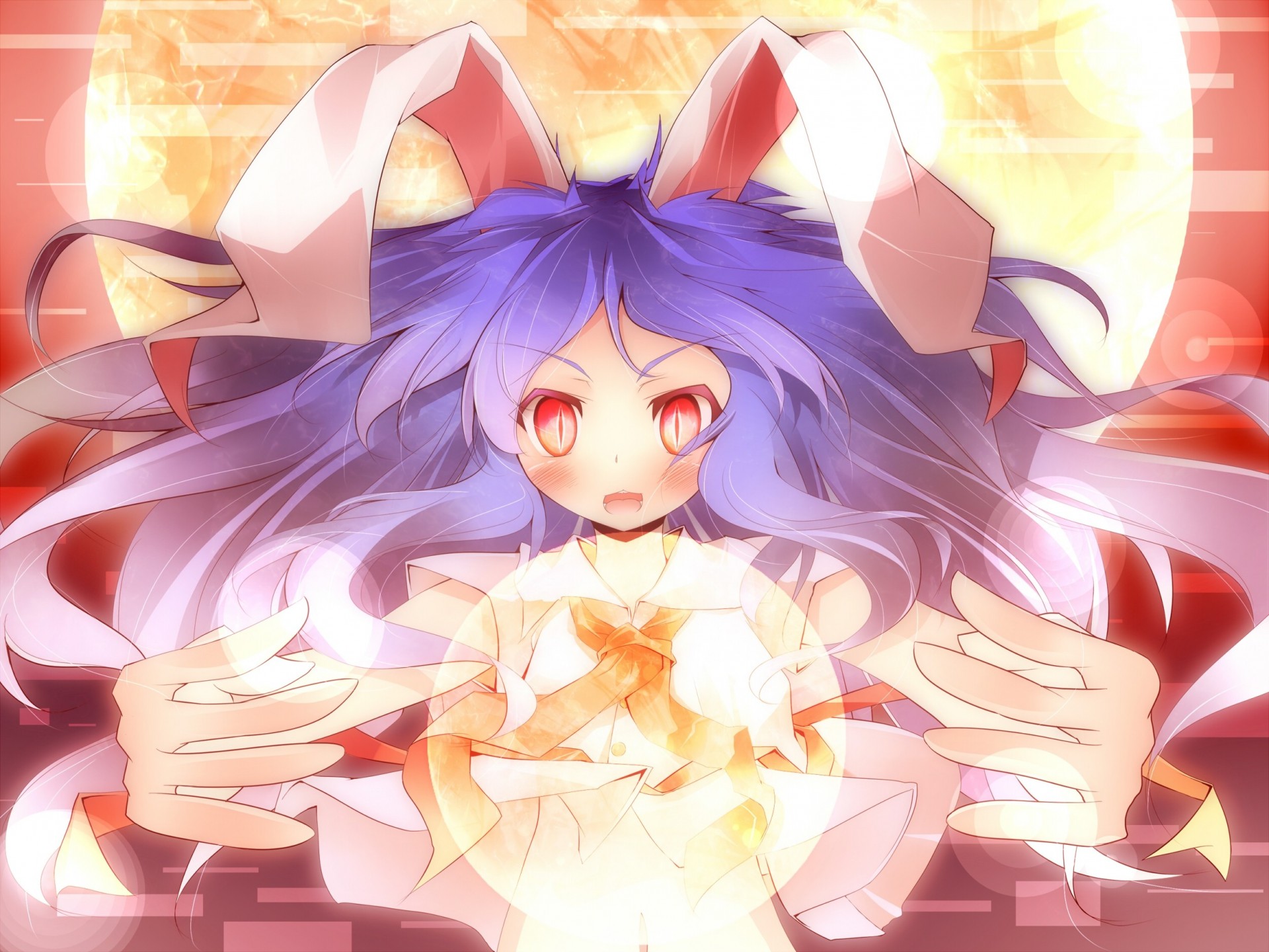 blush red eyes purple hair long hair fang moon bunnygirl animal ear