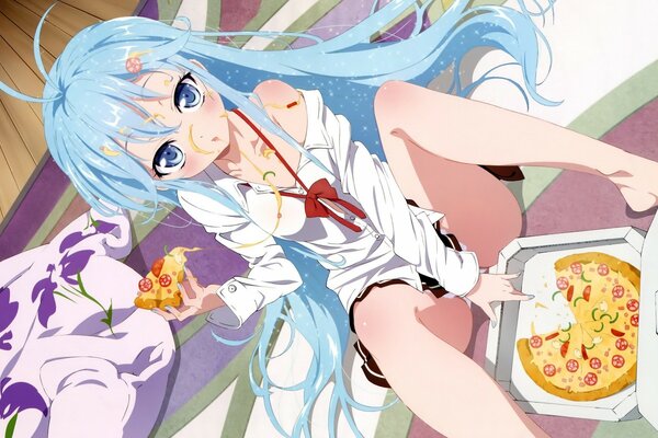 A girl with blue hair eats pizza