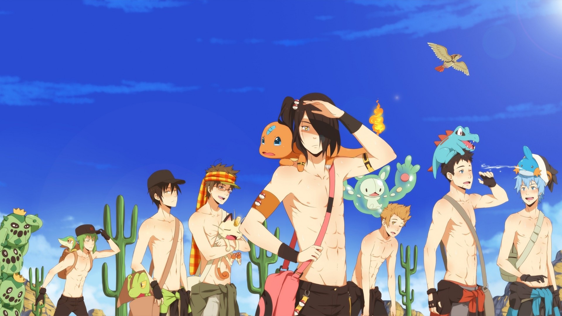 ky orange eyes desert hat green hair scarf men sunglasses reuniclus blue hair brown hair