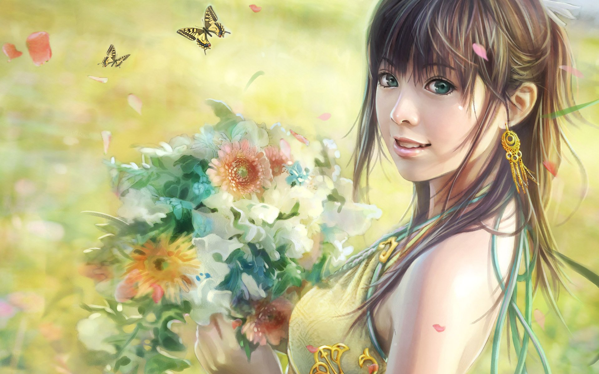 flowers princess spring nature butterfly girl earrings big eyes anime summer bouquet green-eyed drawings girls face eyes portrait smile