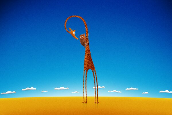 The picture shows a desert and a lemur on a giraffe
