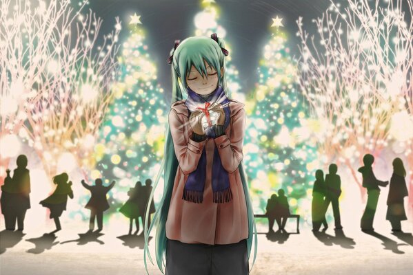 New Year, elegant Christmas trees, a girl with a gift
