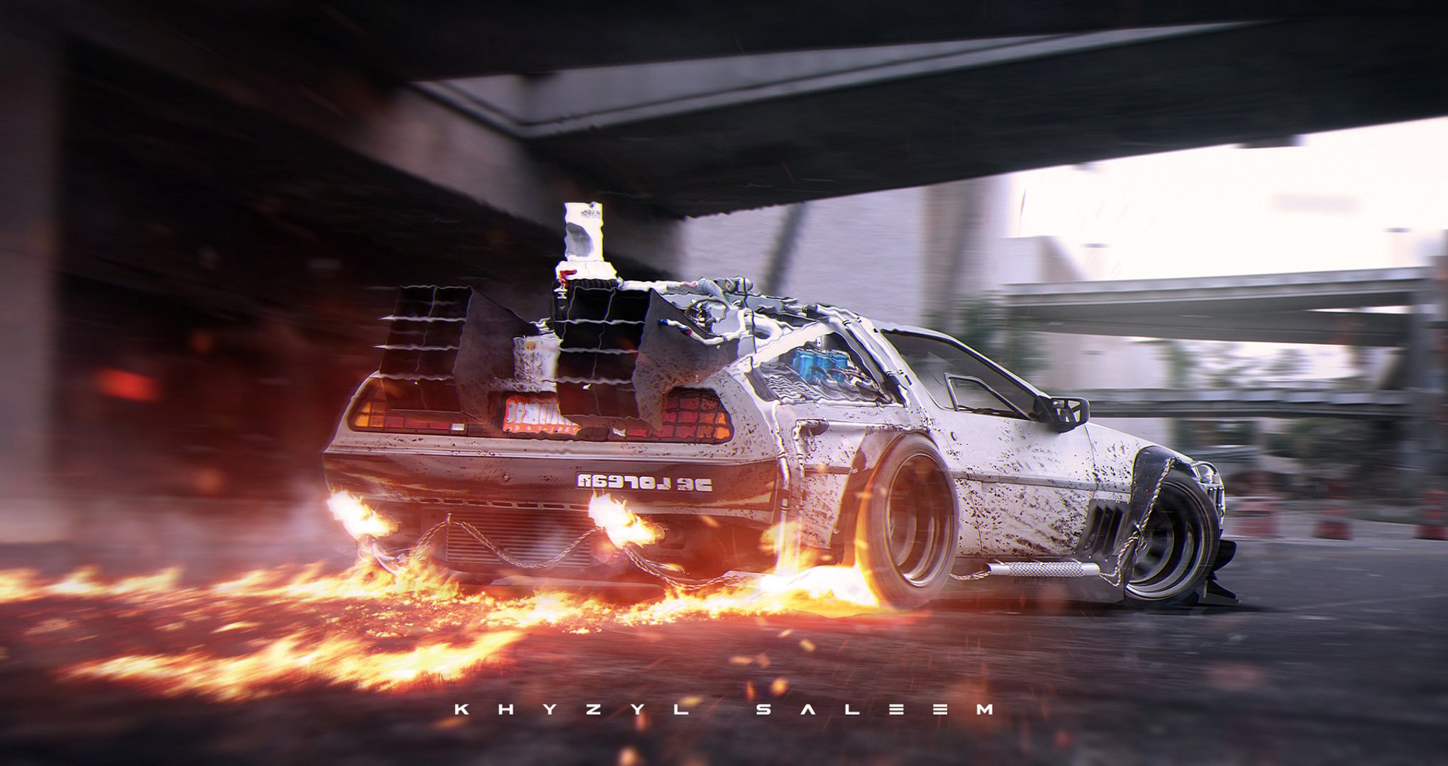 delorean dmc-12 silver back back to the future road fire photoshop digital art khyzyl salim delorian silver flame