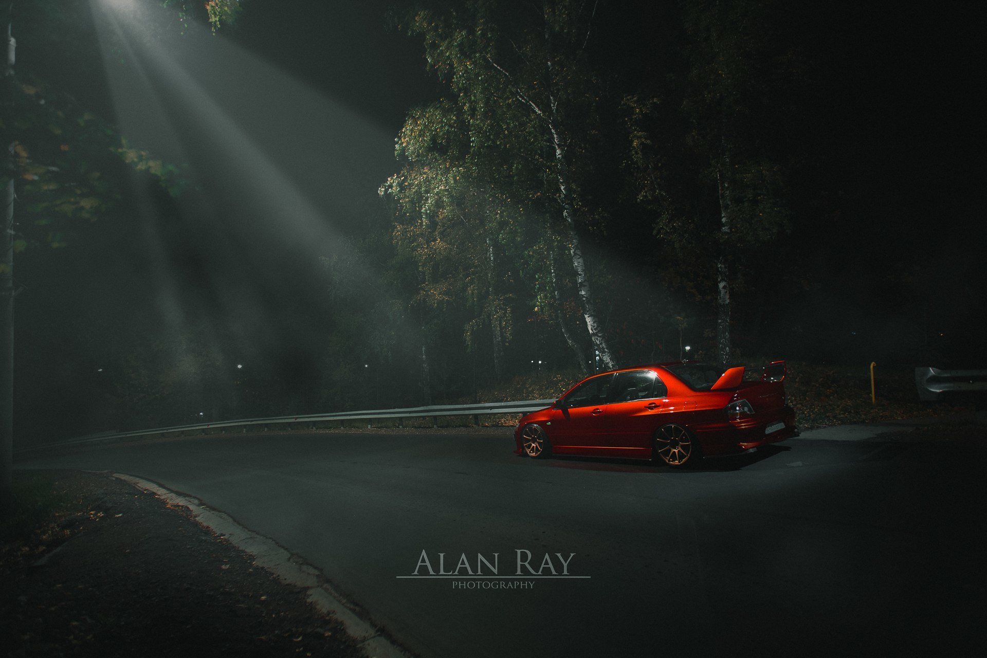 mitsubishi lancer evolution evo tuning power jdm japan red turbo light forest night midnight