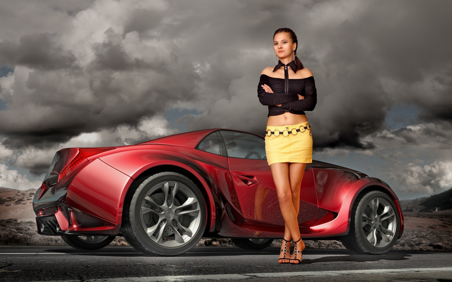 a woman girl road brunette vehicles cloud grey