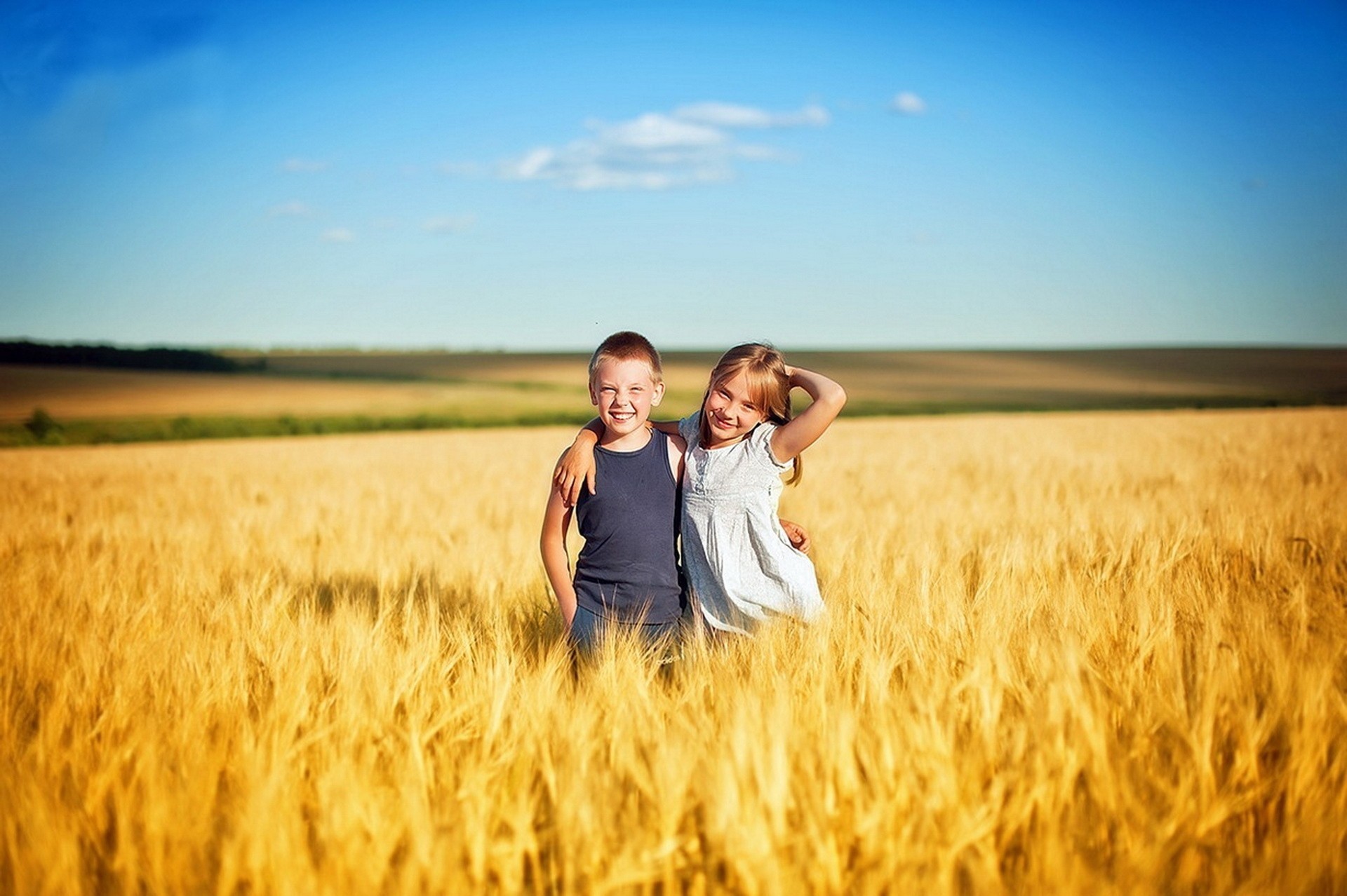friends children summer sun sky happiness beauty the field