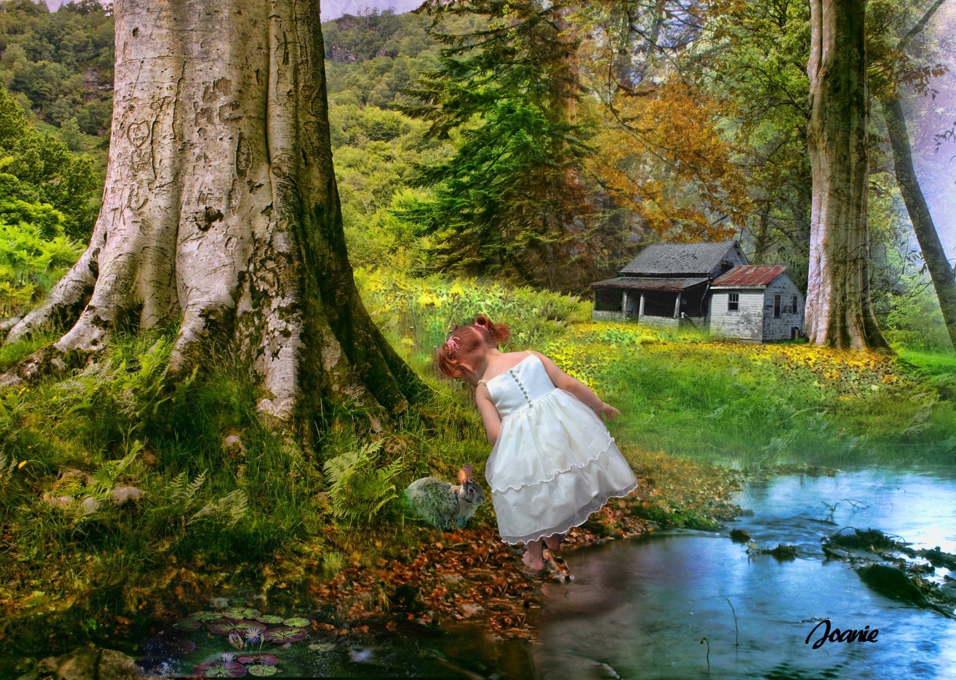 child river forest girl hut