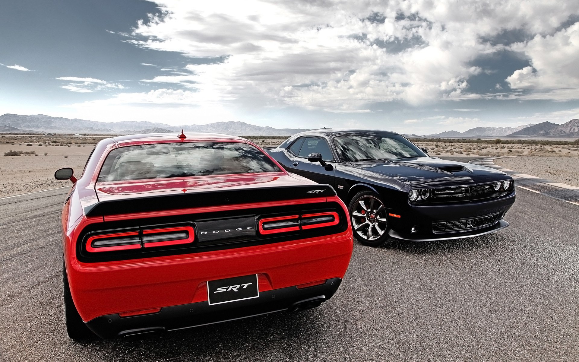 dodge challenger srt dodge challenger front rear view muscle car muscle car red road sky cloud