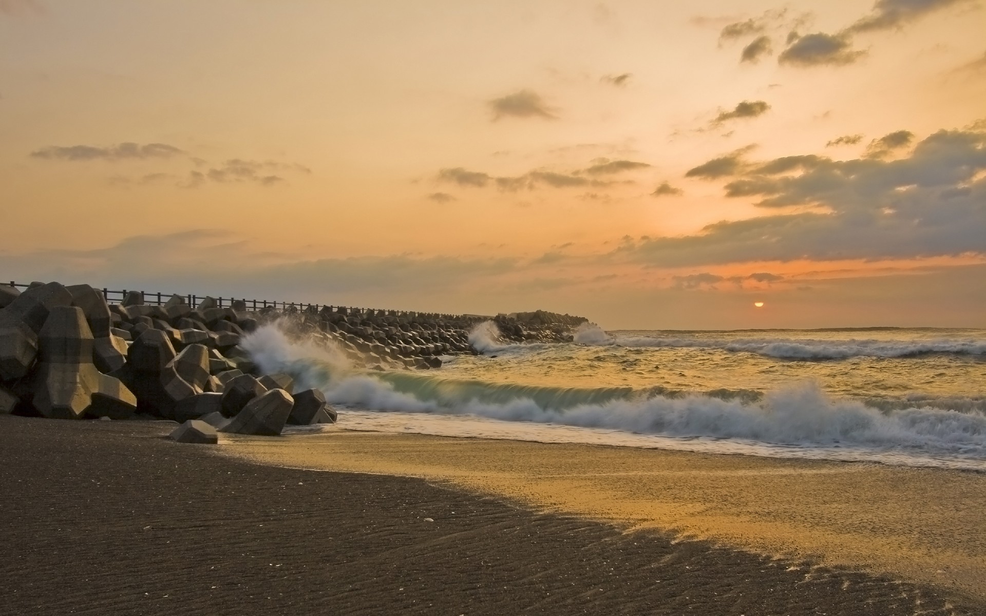 misawa sea sun sunset waves pier beach sand