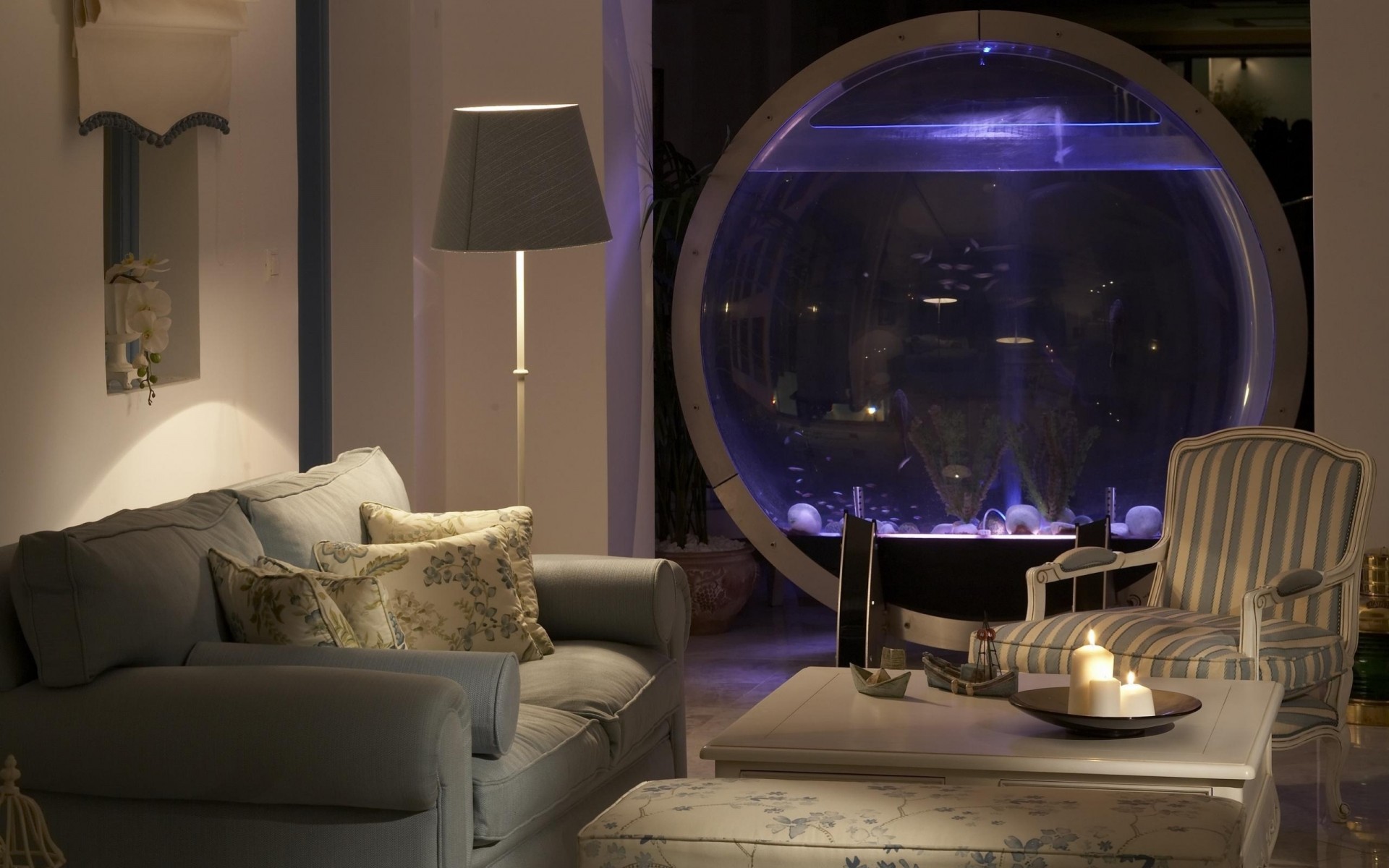 aquarium sofa room pool candles chair salon