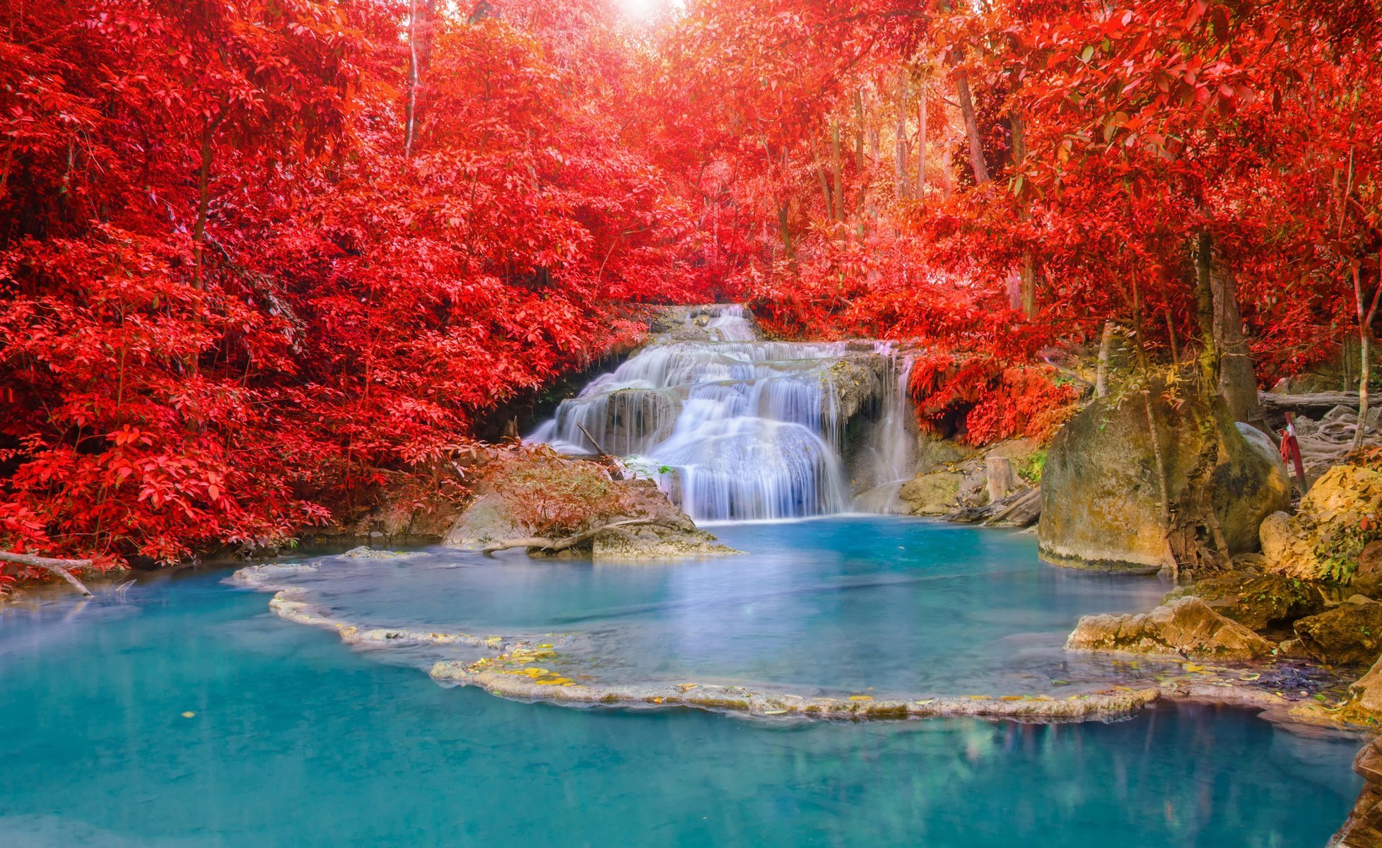 nature autumn forest river waterfall cascades beautiful water light