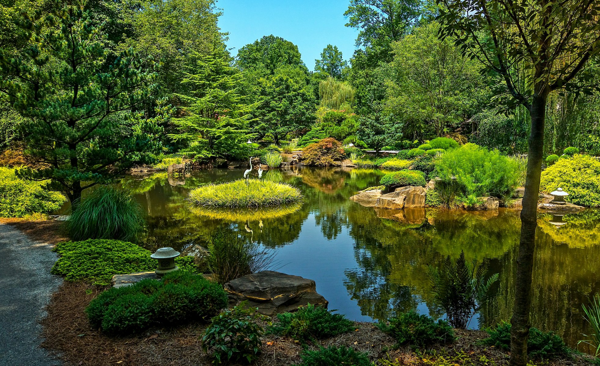 united states park pond ball ground gibbs gardens stones water green tree