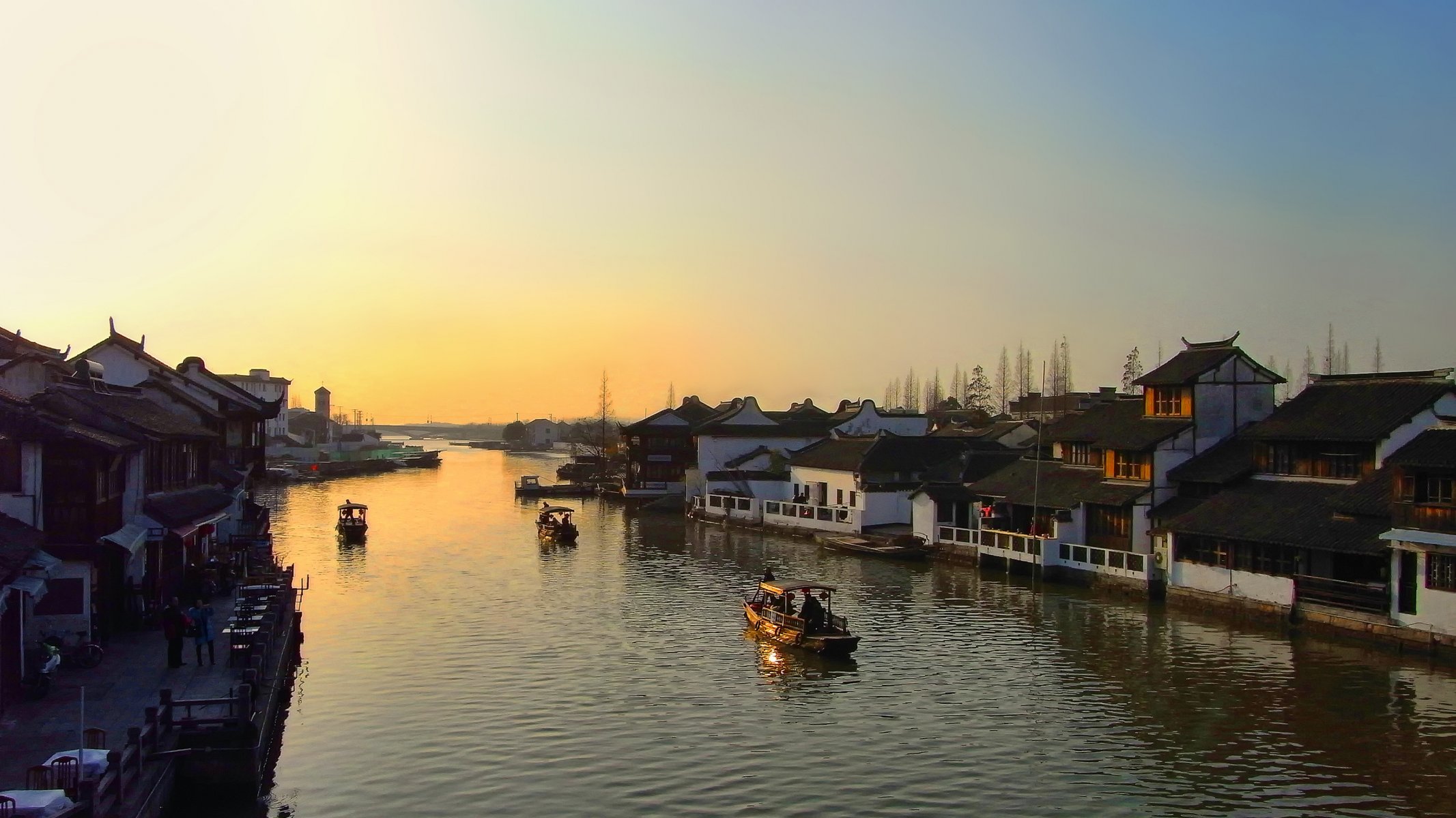 river dawn wooden houses houses on the water wooden boat chinese boat