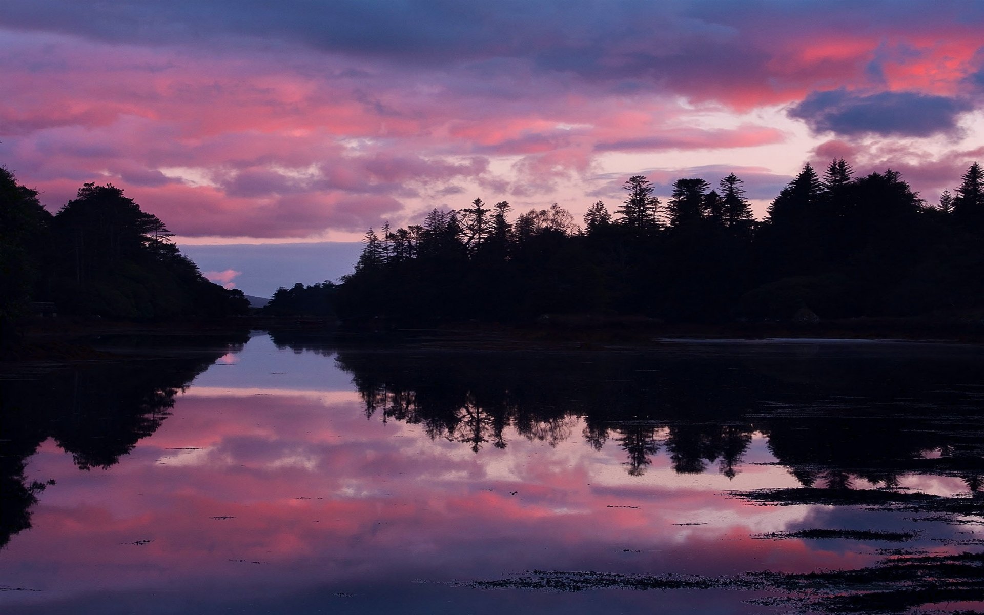ireland lake beach forest tree night sunset sky clouds reflection