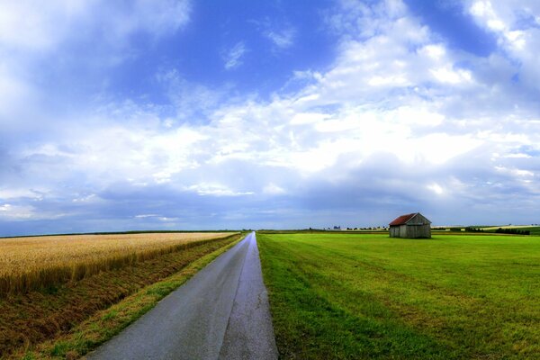 A lonely house in the distance of autumn fields