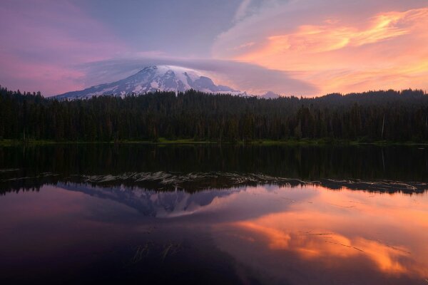 Morning haze over a mountain lake