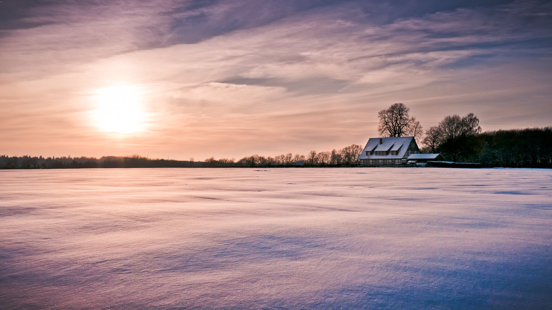 nature winter snow house house tree trees sun winter sky clouds background wallpaper widescreen fullscreen widescreen