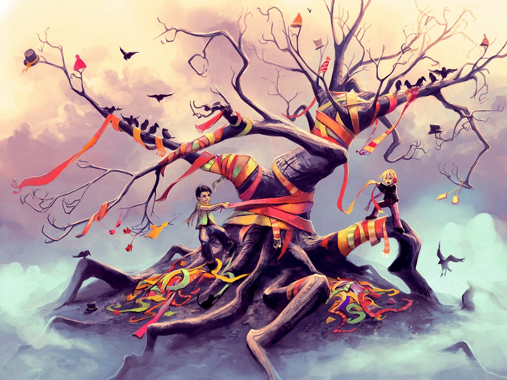 art fantasy tree tapes children hats bird