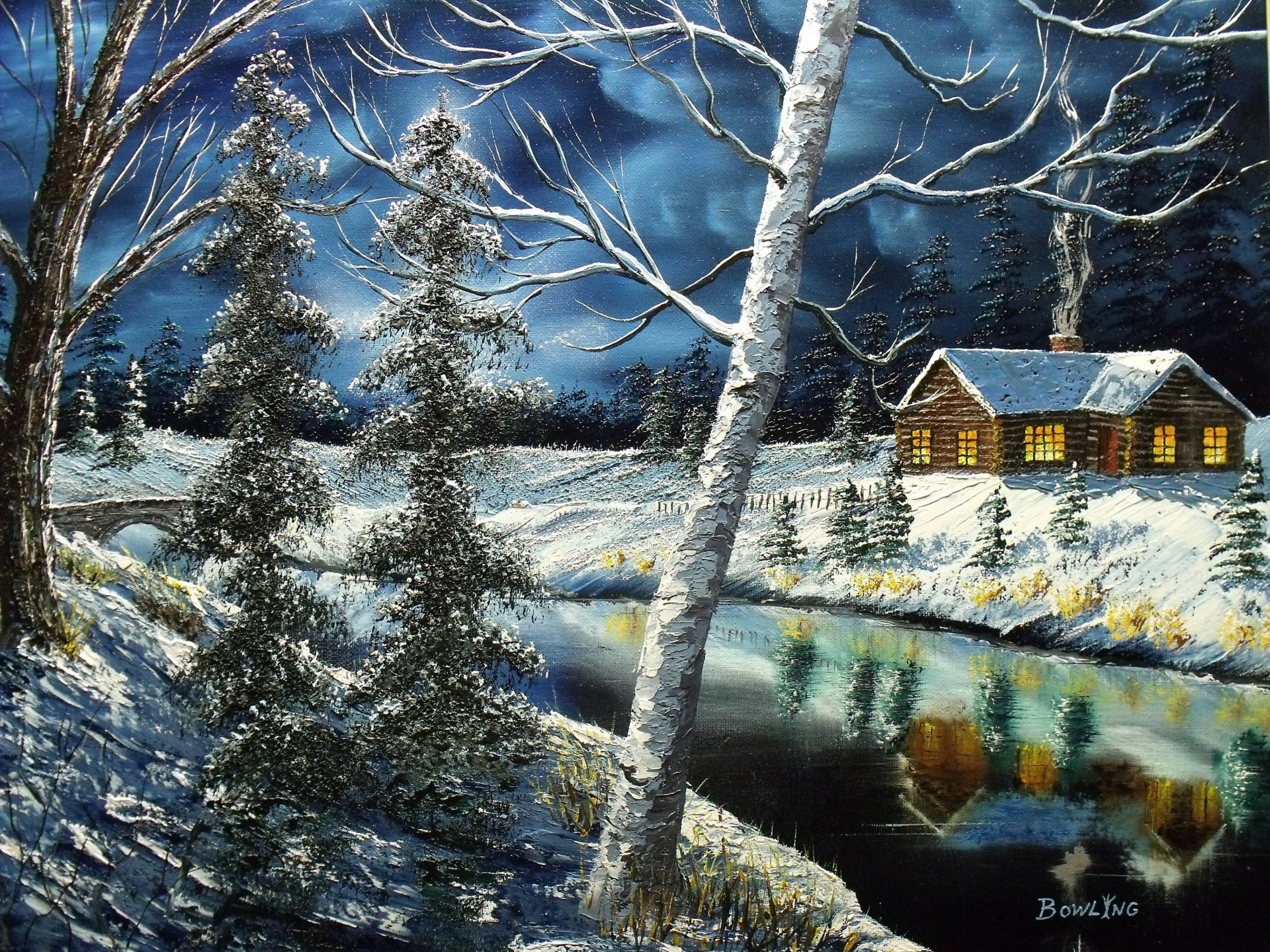 painting house window winter tree river reflection sky canva