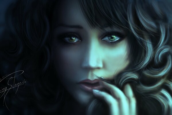 The sad look of a green-eyed brunette