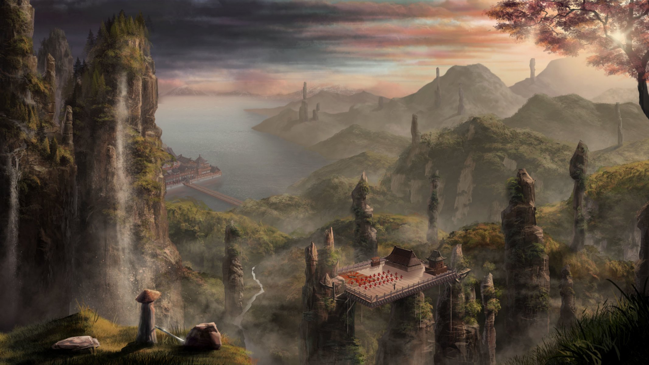 art andrew palyanov landscape rock mountain buildings asia china harbor sea waterfalls height