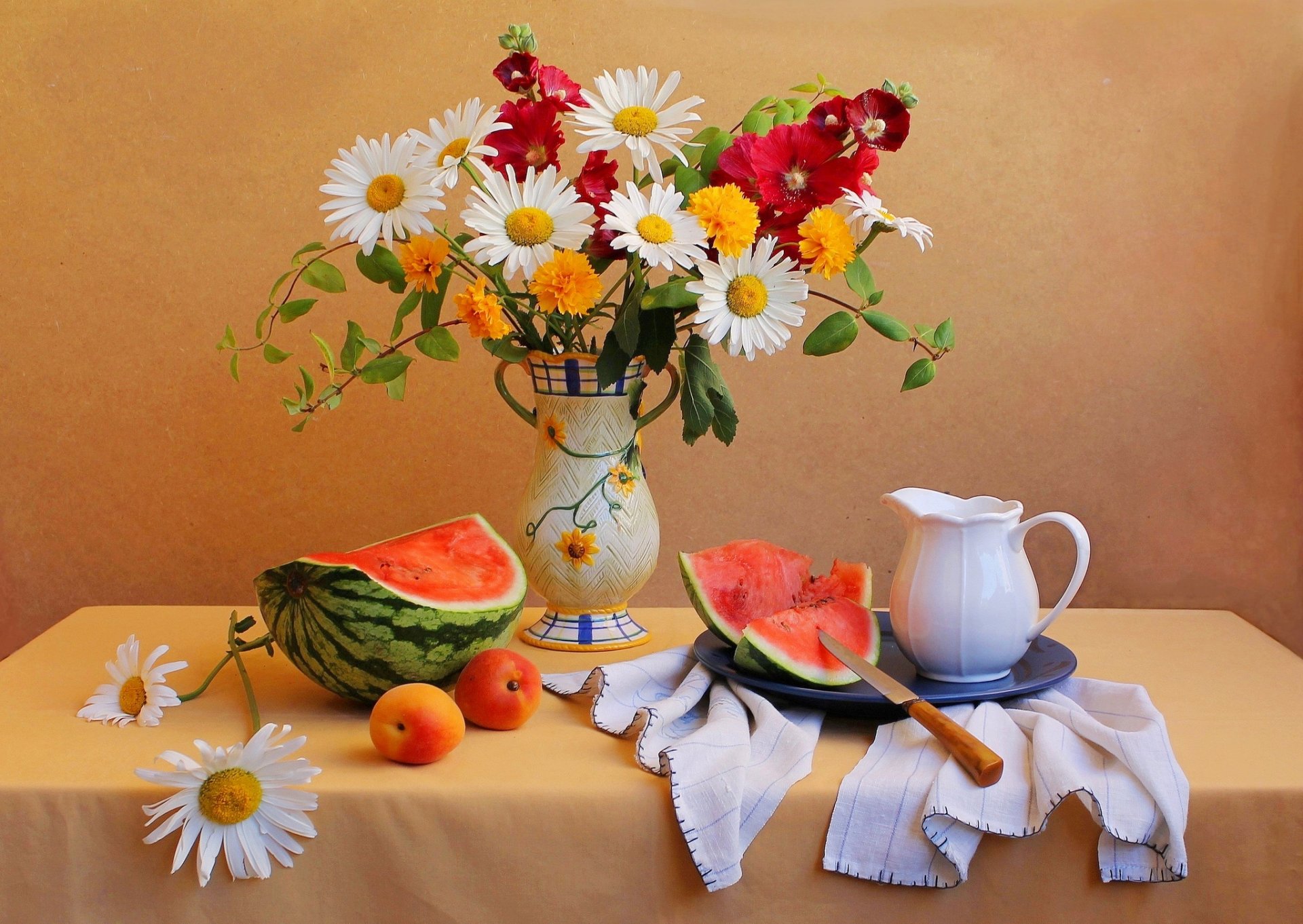 till life table knife pitcher vase bouquet flower watermelon apricot