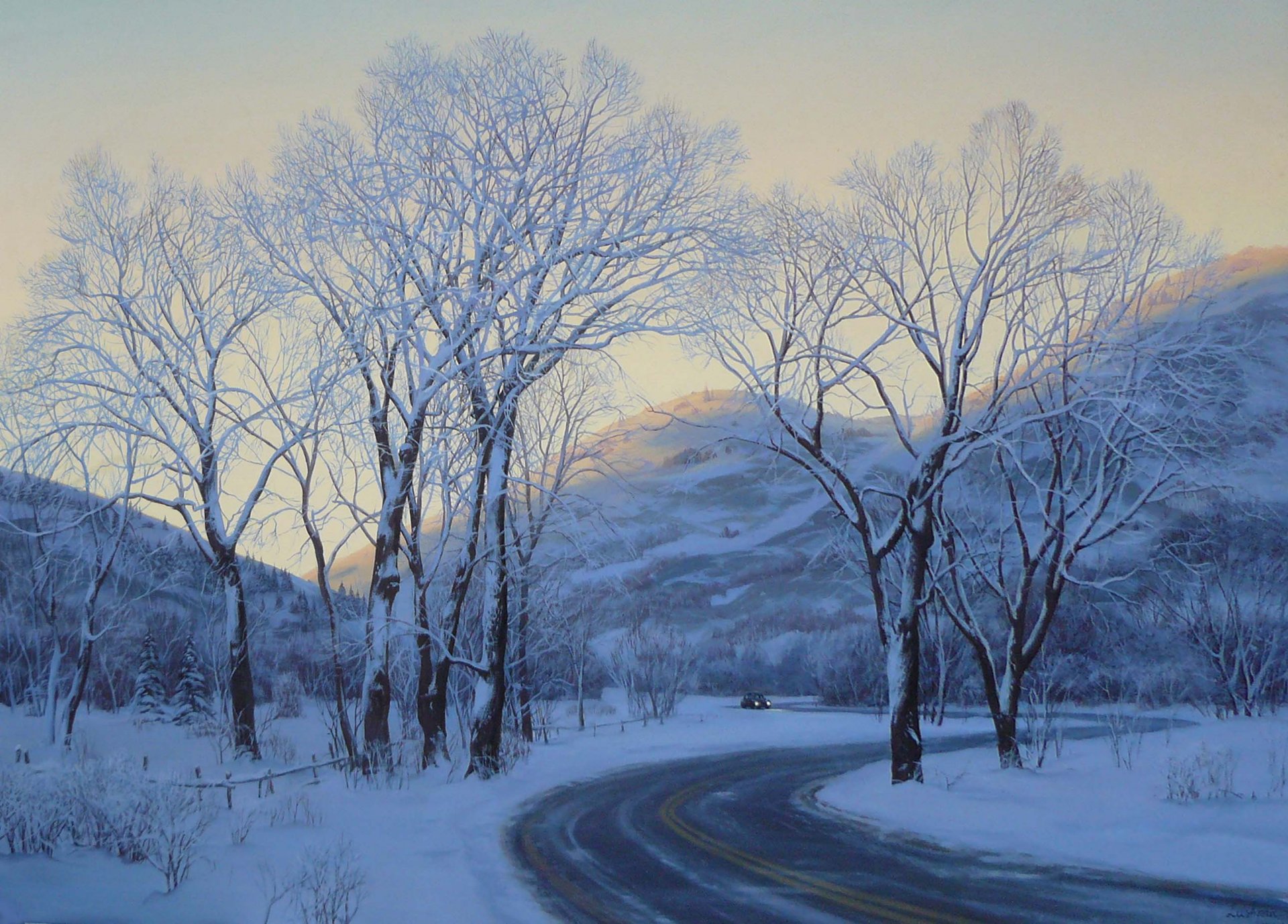 city park eugene lushpin painting art lushpin winter snow road car evening trees eugene lushpin landscape lushpin winter car mountain