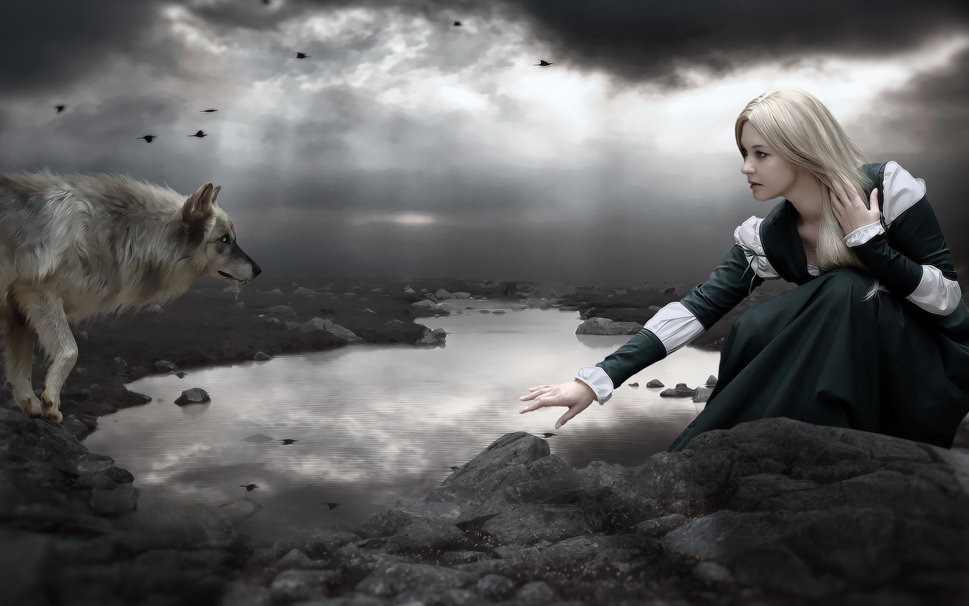 wolf dark girl lake photomanipulation