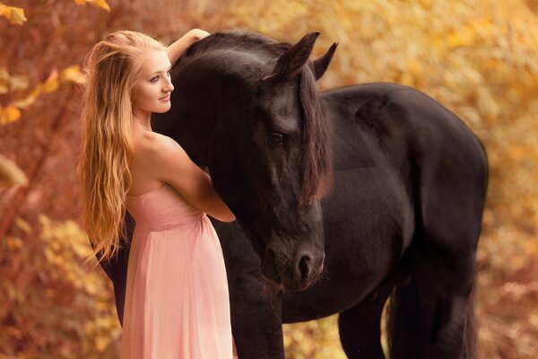 A girl hugs a black horse