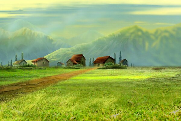 Landscape art with small houses and a green field