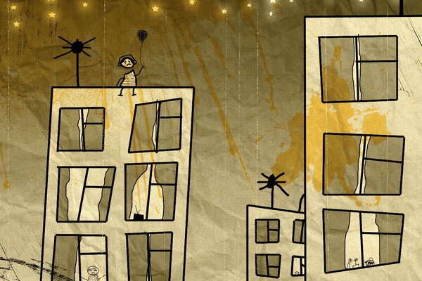 Sad drawing of a boy on the roof of a house