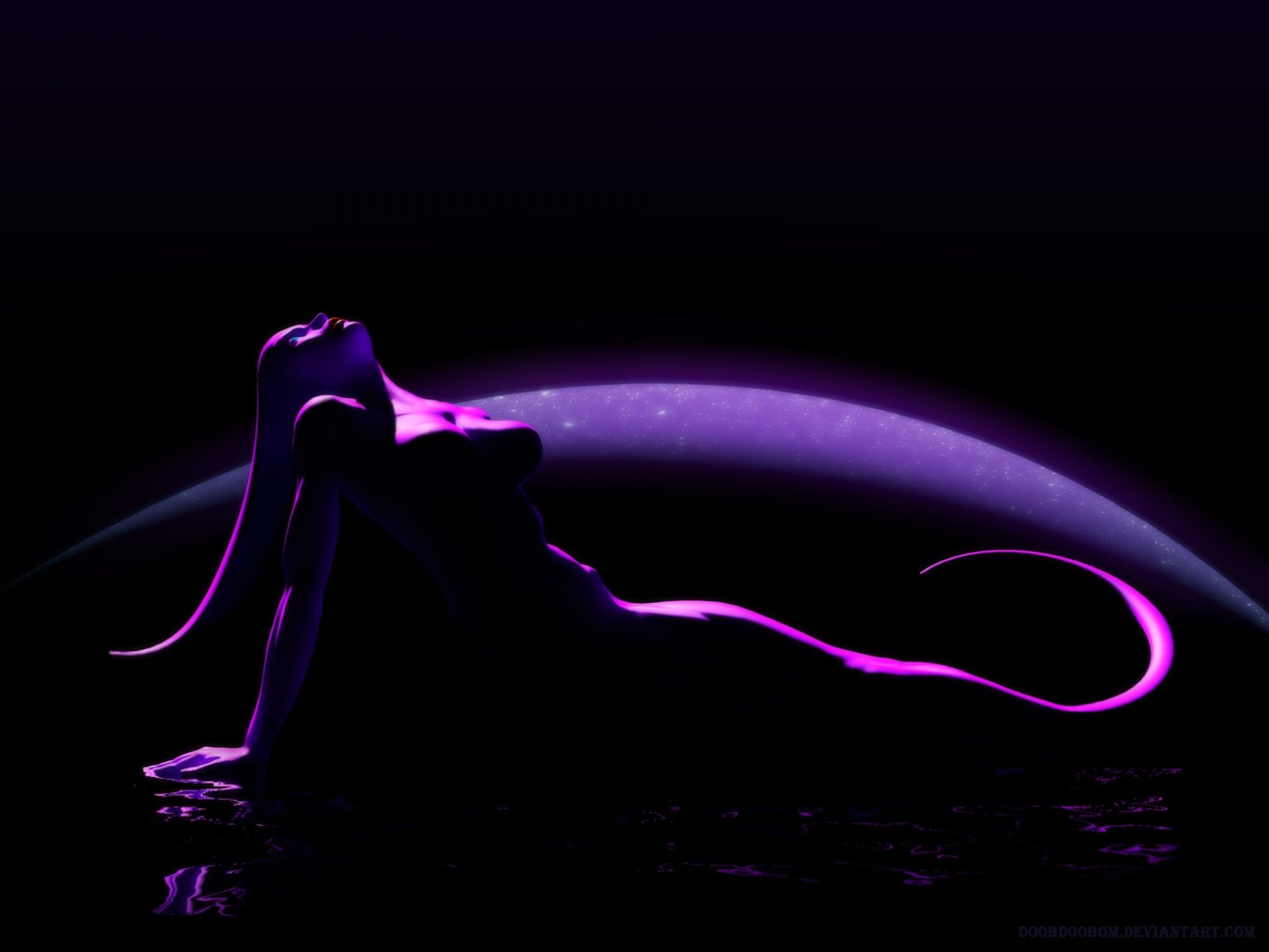 fiction girl being tail view red lips night water reflection