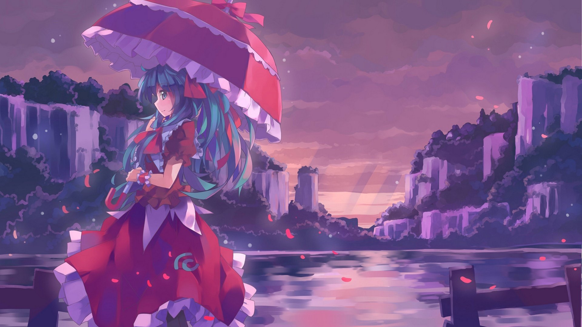 touhou kagiyama hina girl umbrella dress water smile petal