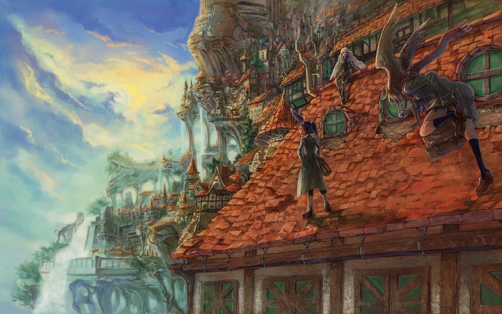 girls ears wings roof window tiles sky cloud