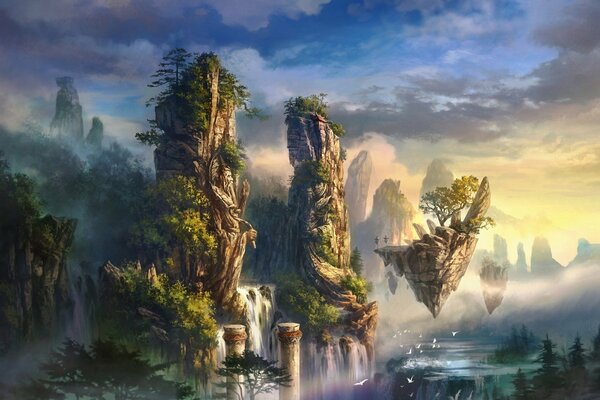 Fantastic landscape with flying mountains and waterfalls at sunset