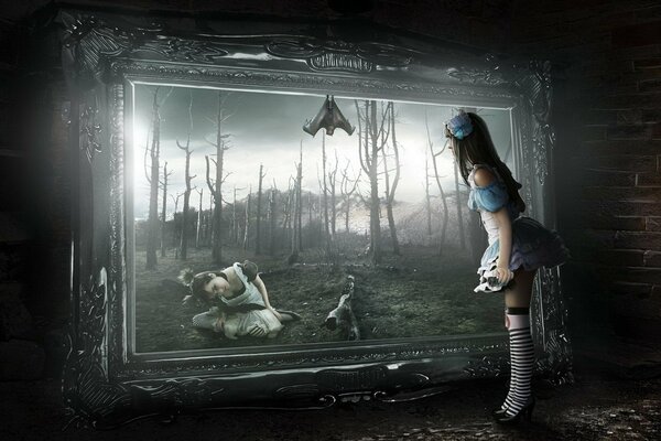 A girl in a skirt looks at a picture