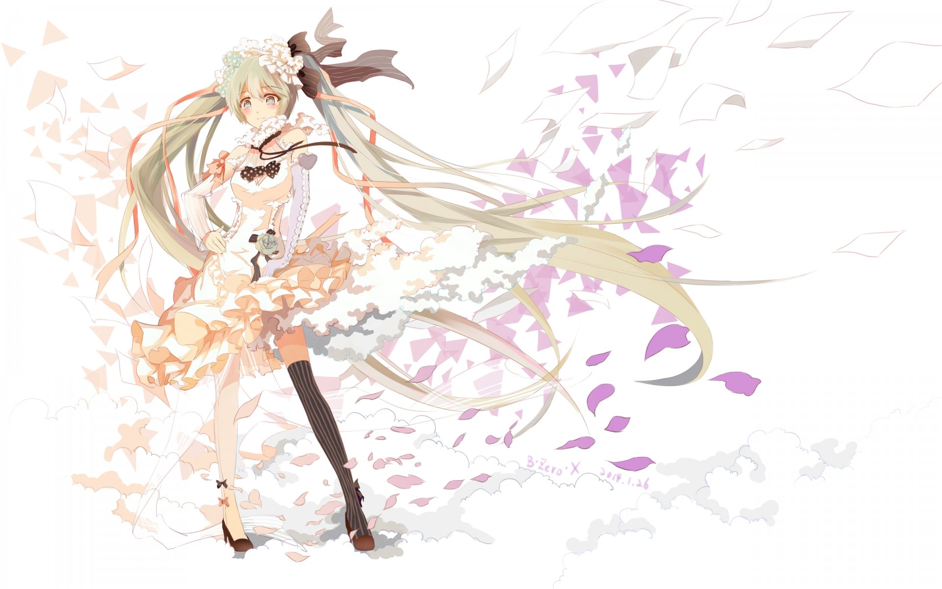 art zerox vocaloid hatsune miku girl petals flower roses heart