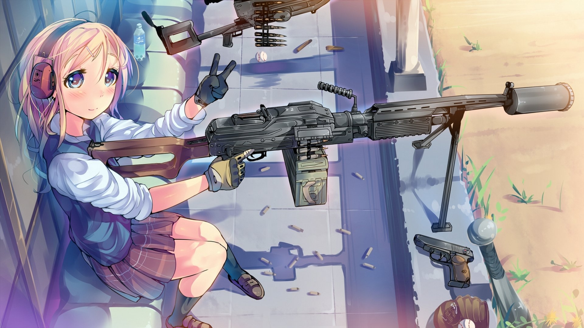 art daito weapon gun headphones bullet a bottle water girl anime