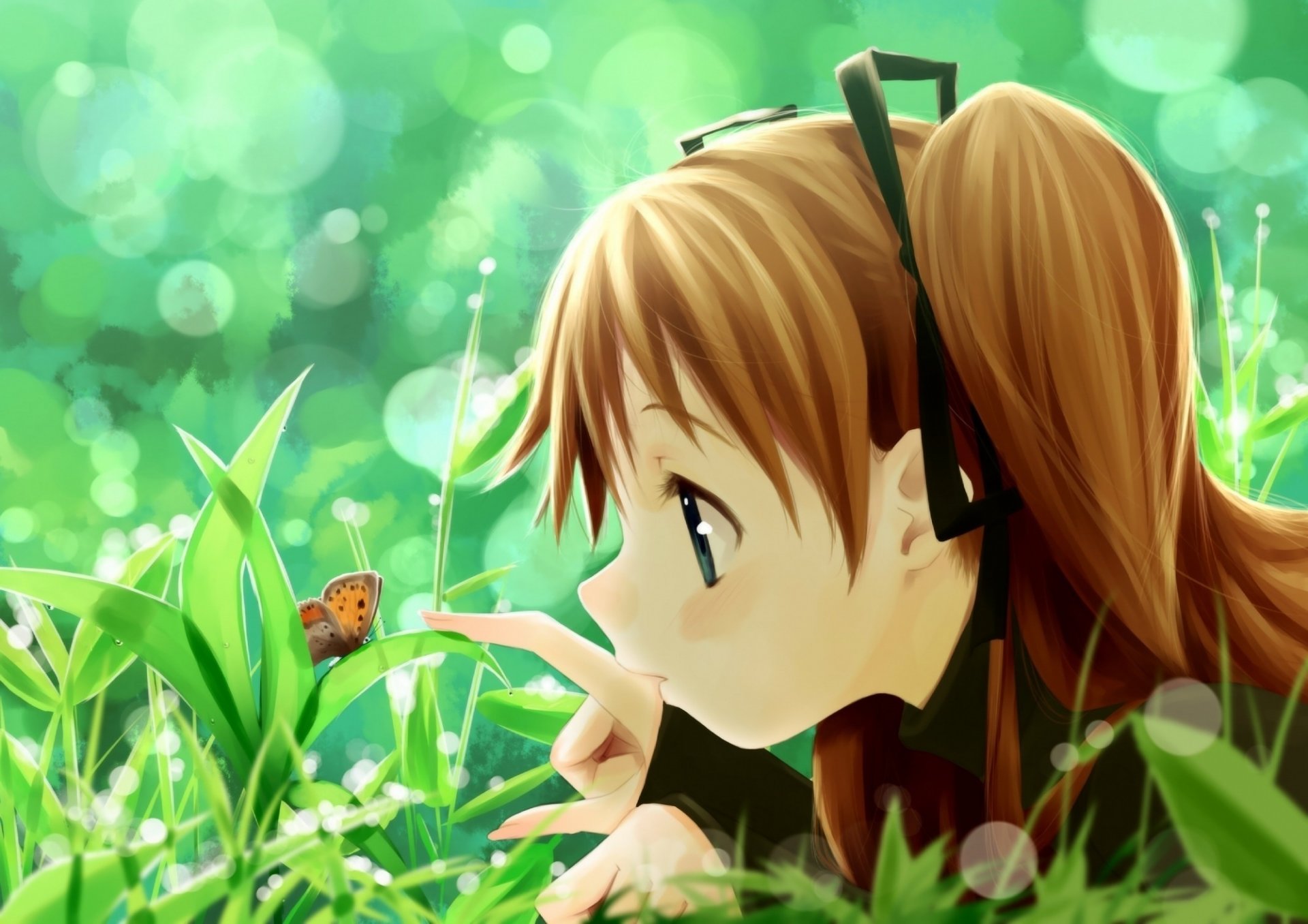 art girl butterfly grass summer