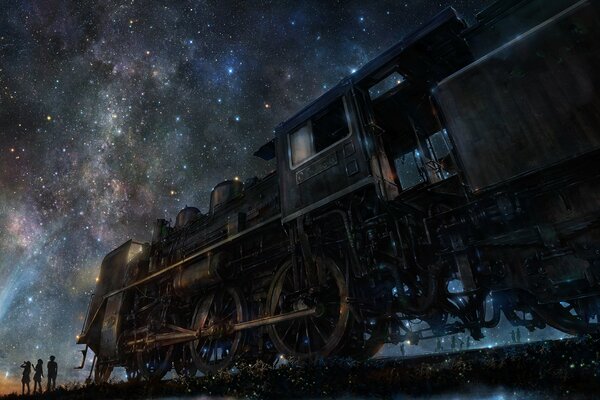 Drawing of a locomotive at night under the stars