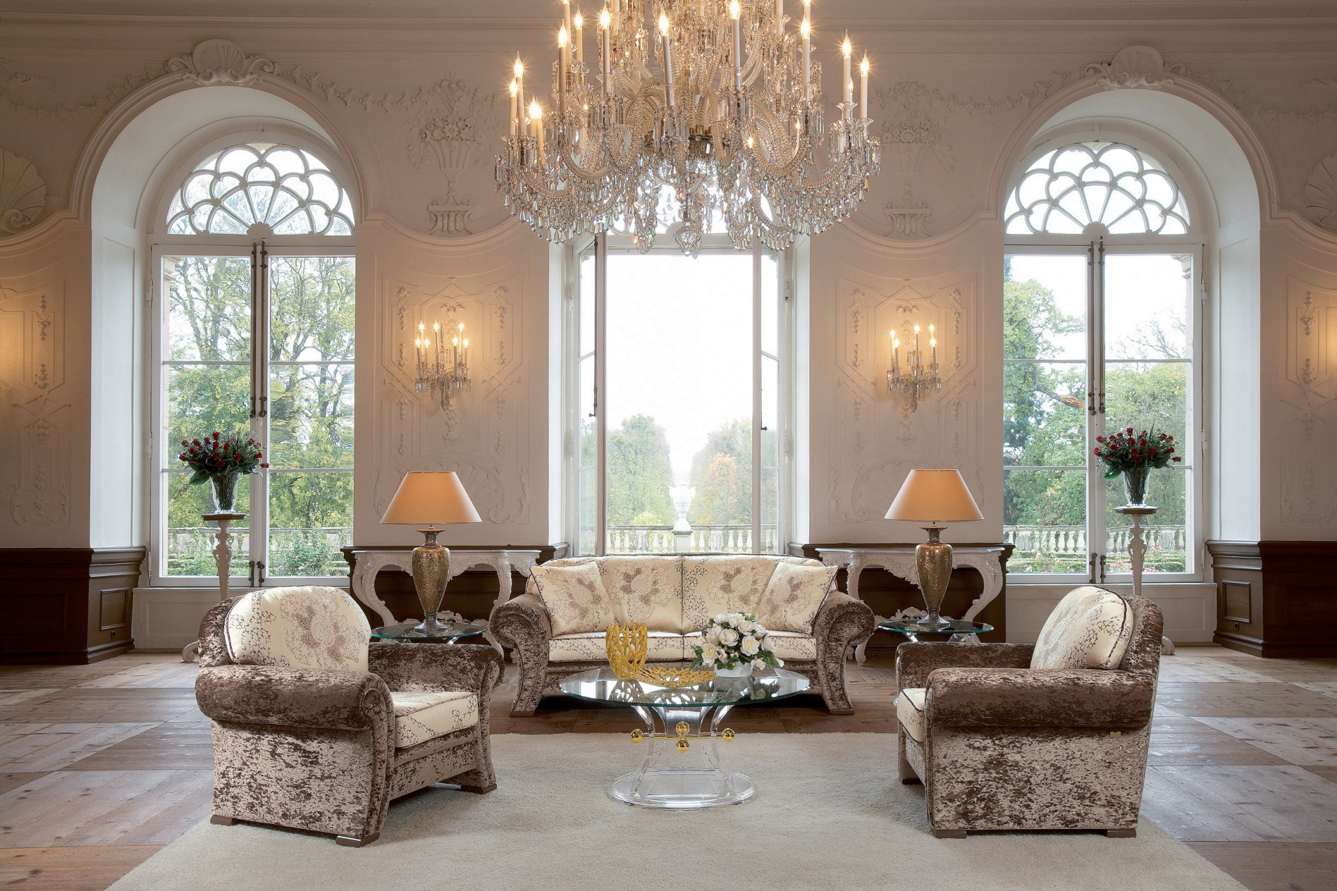 interior design style house castle vase roses large windows chandelier light furniture sofa armchairs table