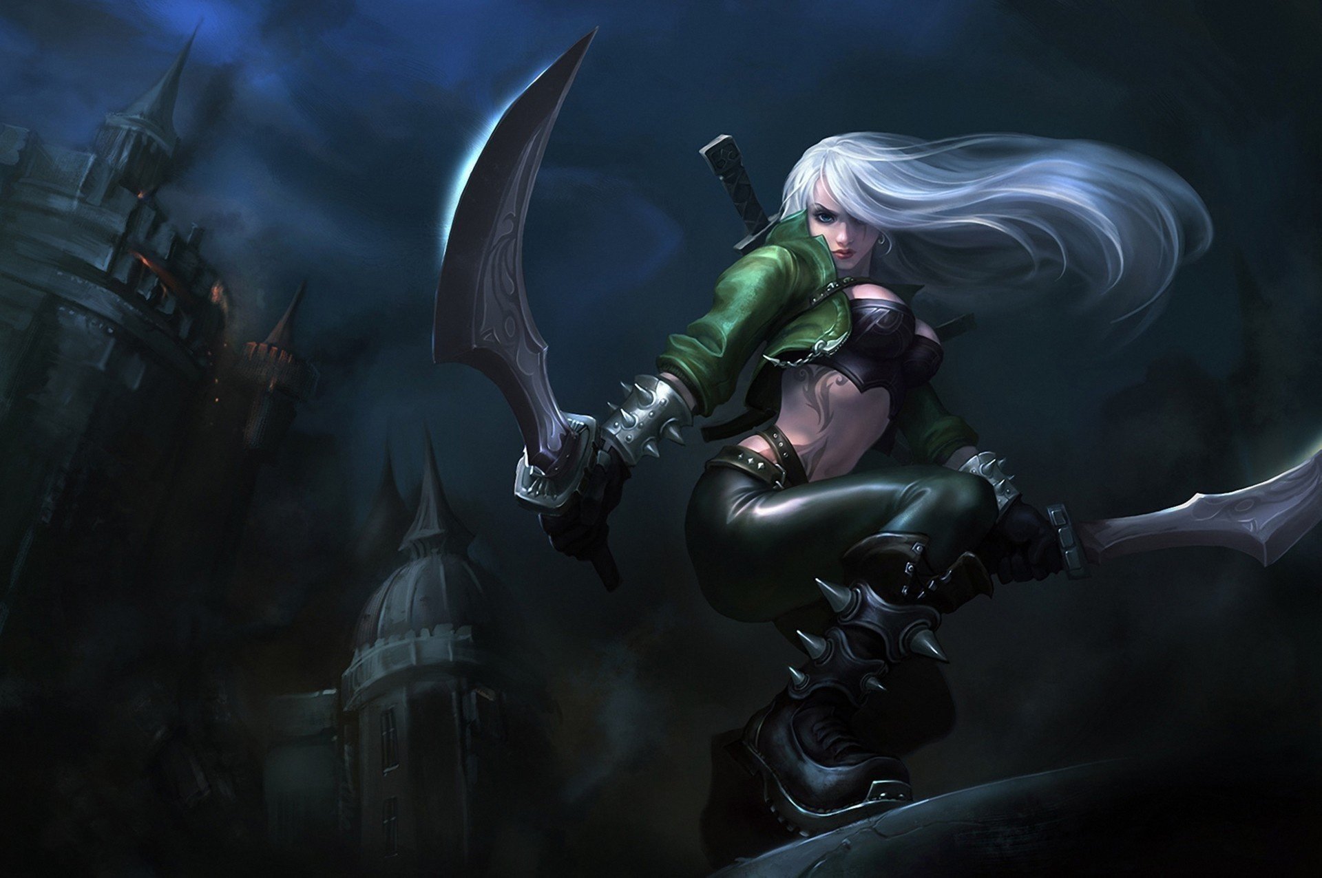 girl killer night blades sword swords sitting pose city sky clouds evil