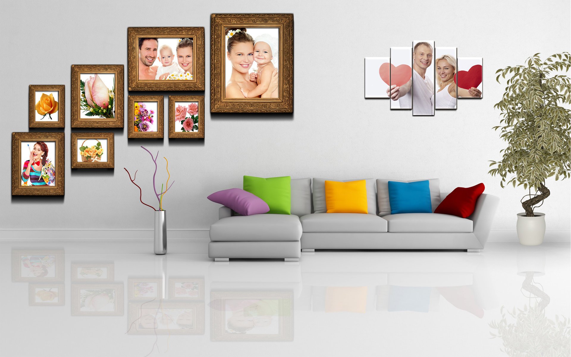 room painting to wall polyptych plant pot sofa