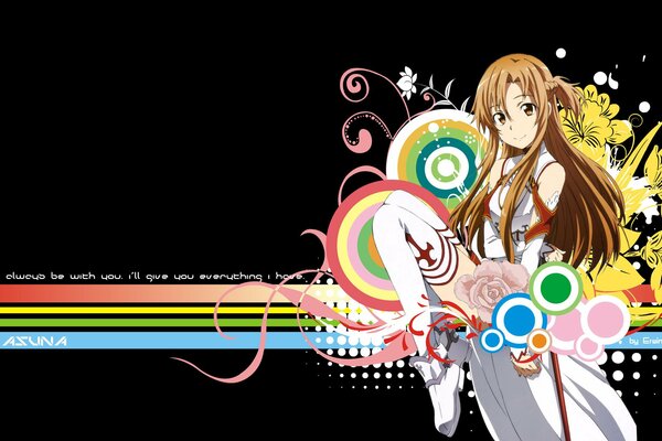 A girl on the background of a multicolored ribbon