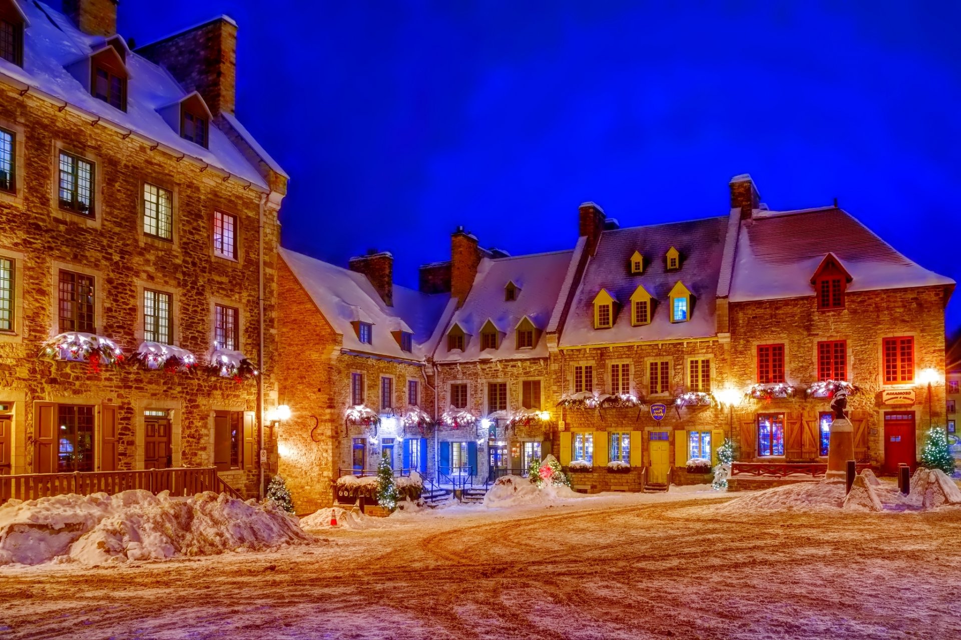 winter snow street house lights sky