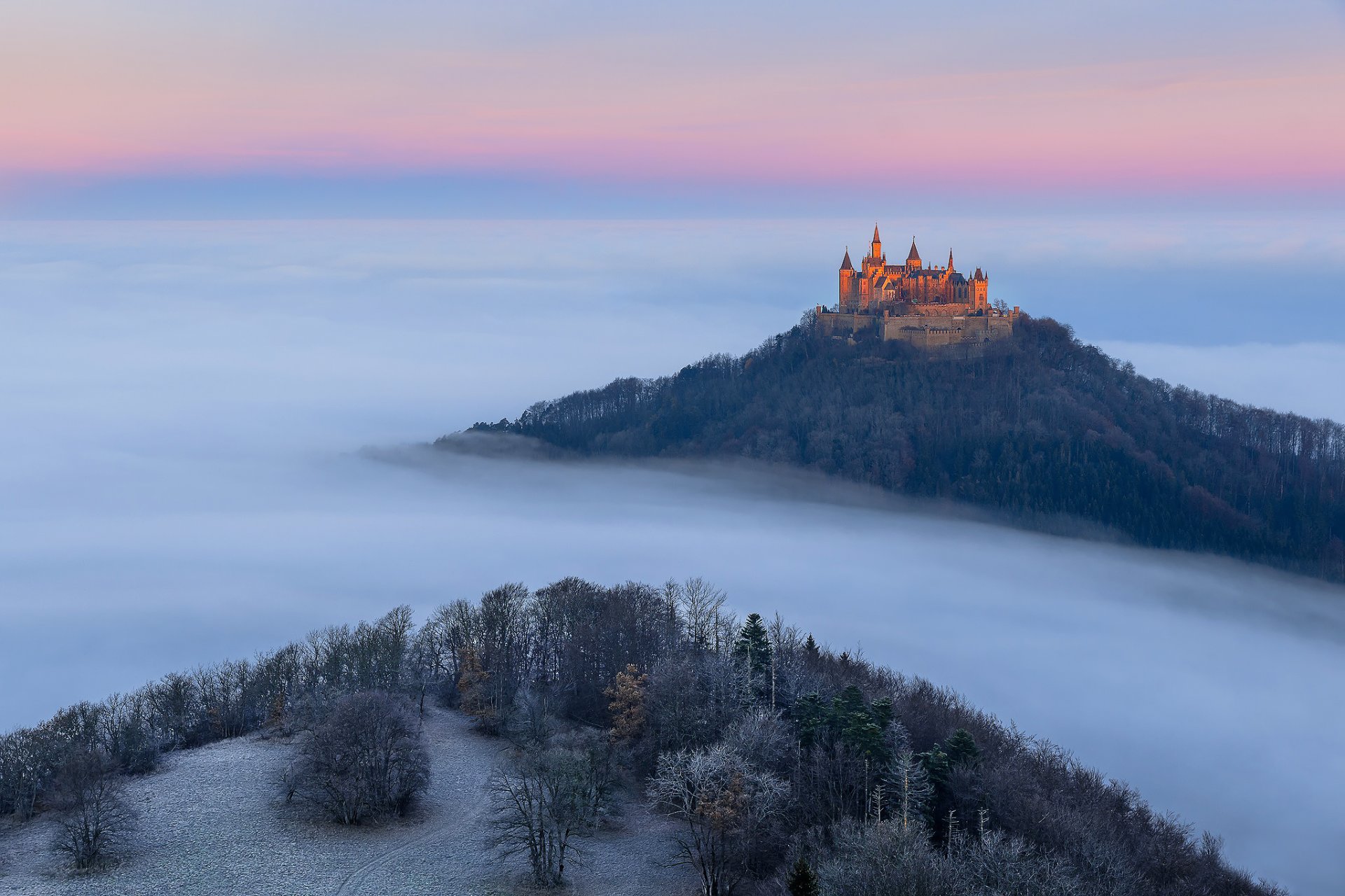 germany baden-wurttemberg a castle hohenzollern autumn november cold morning fog