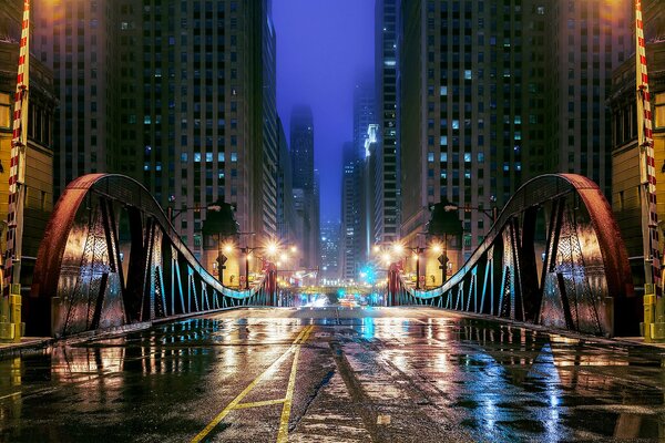 Night road over the bridge in Chicago